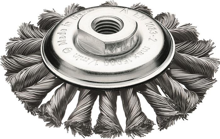 Kegelbürste Ø 115 mm M14 Drahtstärke 0,5 mm 15000 min¹ Stahl sehr gut geeignet bedingt geeignet bedingt geeignet sehr gut geeignet