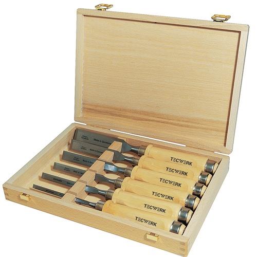 Stechbeitelsatz 6,10,12,16,20,26mm Weißbuchenh.Ulmer Form 6-tlg.HO-Kasten TW