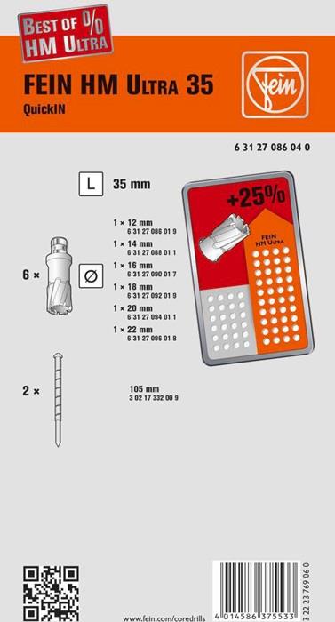 Kernbohrersatz Best Of 8-teilig Ø 12-22 mm Hartmetall Schnitttiefe 35 mm QuickIN FEIN