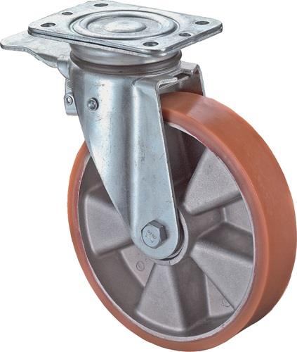 Lenkrolle m.Festst.D.100mm Trgf.200kg m.Platte Kugell.Guß-PUR BS ROLLEN