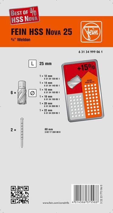 Kernbohrersatz Best Of 8-teilig Ø 12-22 mm HSS Schnitttiefe 25 mm Weldon FEIN