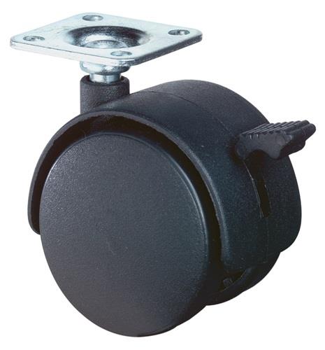 Kunststoffdoppelrolle m.Festst.D.40mm Trgf.30kg m.Platte harte Lauffläche