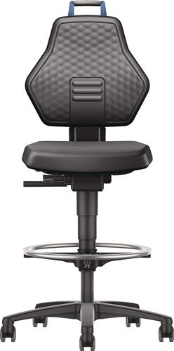 Arbeitsdrehstuhl Rl.+Fußring Kunstleder schwarz Grifffarbe blau 580-860mm TW
