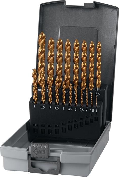 Spiralbohrersatz DIN 338 Typ UNI 1-10 mm 19-teilig TiN-beschichtet