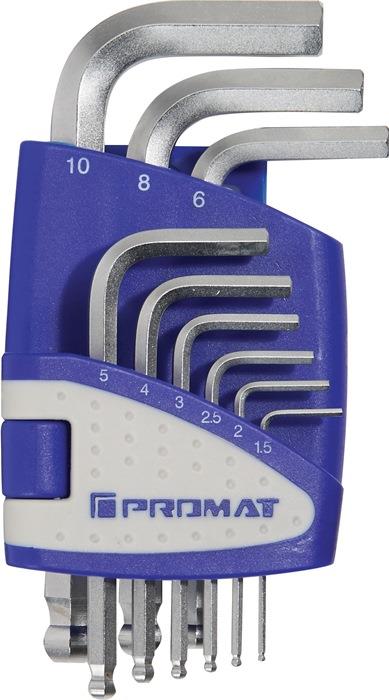 Sechskantwinkelschraubendrehersatz 9-teilig Kunststoffhalter SW 1,5 - 10 mm kurz Kugelkopf S2-Stahl PROMAT