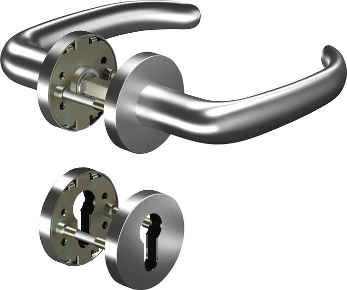 Feuerschutzgarnitur für Türstärke 38 63 mm PZ rund DIN links / rechts Drückergarnitur Aluminium F1 / silberfarben CORE+8999/6501/6612 AL 114FS Drückerstift