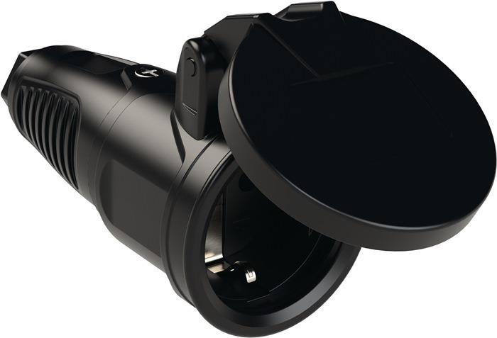 Schutzkontaktkupplung 10-/16~ A 250 V schwarz IP54 Vollgummi, mit Federklappdeckel JÄGER DIREKT