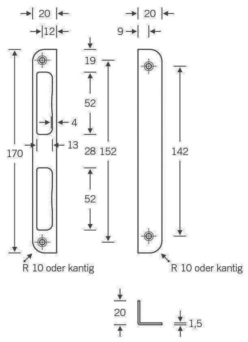 Winkelschließblech Stahl silber Winkel B20xL170mm rund Tiefe 8 mm DIN links / rechts SSF