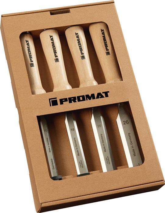 Stechbeitelsatz 10,16,20,26 mm Weißbuchenheft Ulmer Form 4-teilig Fensterkarton PROMAT