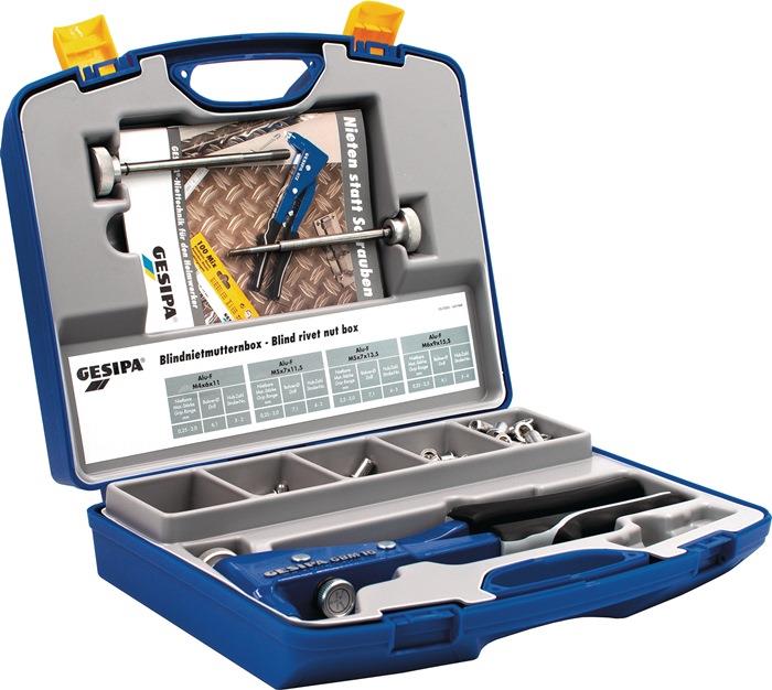 Blindnietmutternsortimentbox 156 teilig Zange GBM10 u.Blindnietmutter M4 - M6 im Kunststoffkoffer GESIPA