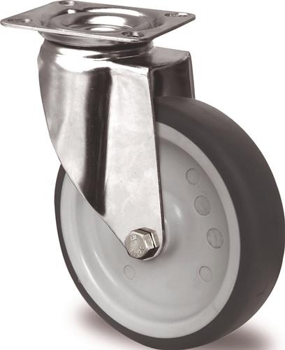 Lenkrolle D.100mm Trgf.100kg m.Platte Platten-B.67mm Gleitlager VA TPE PROMAT