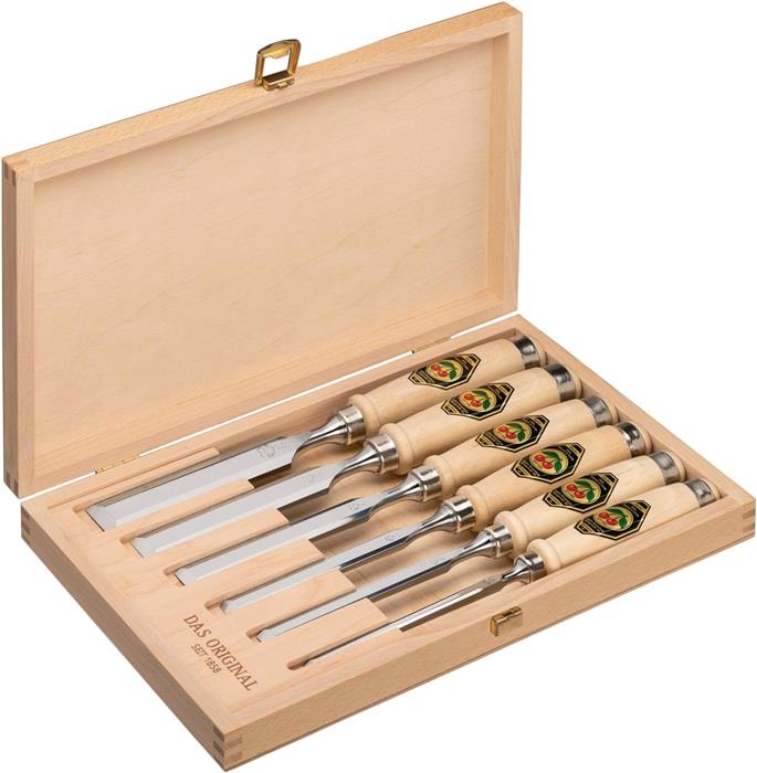 Stechbeitelsatz 6,10,12,16,20,26 mm Weißbuchenheft Ulmer Form 6-teilig Holzkasten KIRSCHEN