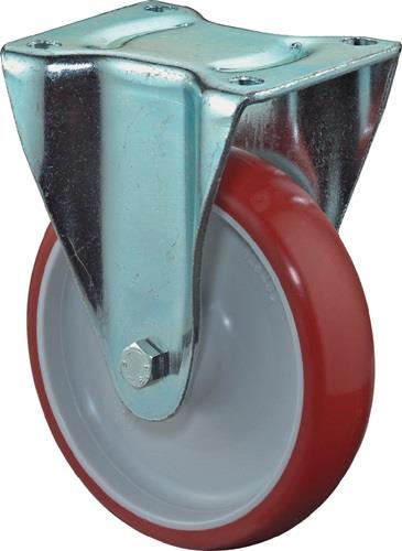 Bockrolle D.100mm Trgf.125kg Polyurethan,rot Platte L104xB80mm BS ROLLEN