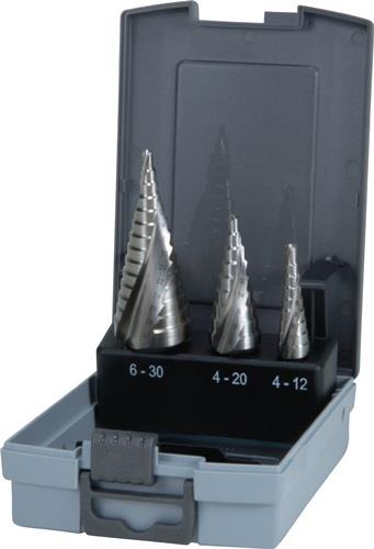 Stufenbohrersatz D.4-12/4-20/4-30mm HSS Spiralnut 3tlg.Ku.-Kass.RUKO