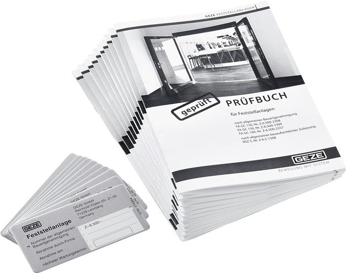 Abnahmeset Feststellanlage je 10x Prüfbuch, Schild, Aufkleber f. Abnahmeprüfung GEZE