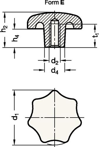 Sterngriff DIN 6336 m.Gewindebuchse Ku.d1 32mm d2 M 6mm