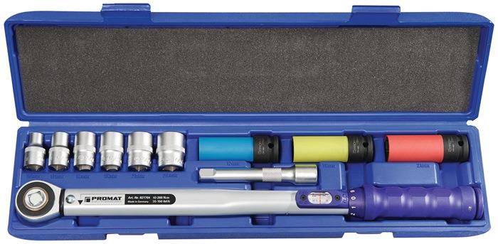 Drehmomentschlüssel-Set 12-teilig 40 - 200 Nm 1/2 ″ 9 Einsätze/Verlängerung PROMAT