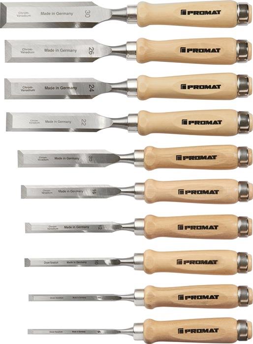 Stechbeitelsatz 6,8,10,12,16,20,22,24,26,30 mm Weißbuchenheft Ulmer Form 10-teilig Karton PROMAT