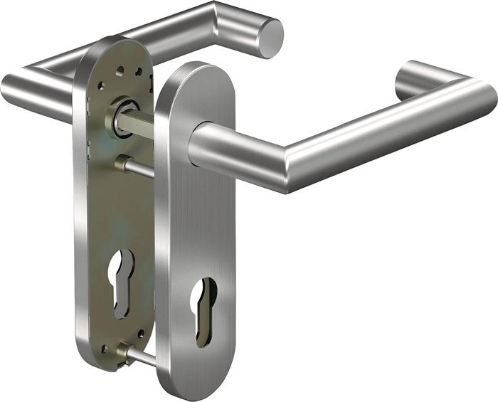 Feuerschutzgarnitur für Türstärke 38 63 mm PZ abgerundet Drückergarnitur Aluminium F1 / silberfarben CORE+8907/7051K AL 114FS 145 mm Drückerstift