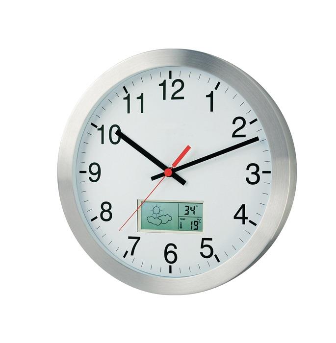 Wanduhr Funkuhr Aluminium mattsilber 1,5 V Ø 300 mm Zahlen mit Thermo-/Hygrometer