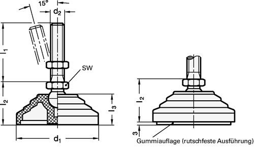 Kunststoff-Gelenkfuß GN 344 d1 100 mm,d2 M 10mm l1 43mm l3 24mm GANTER