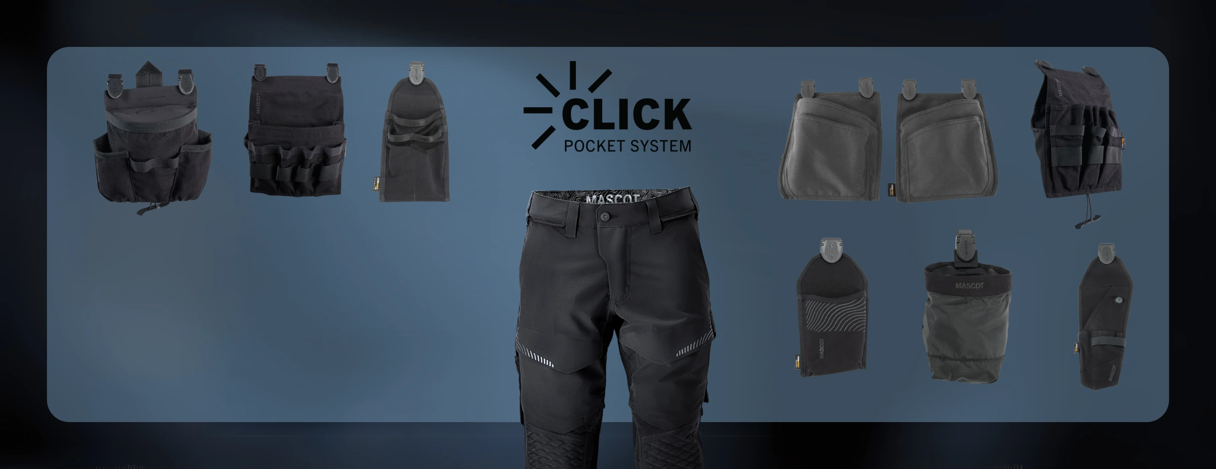 Zentrale Darstellung einer Arbeitshose in dunklem Farbton, flankiert von mehreren austauschbaren Taschenmodulen.