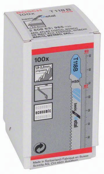 Stichsägeblatt T 118 B Gesamtlänge 92 mm Zahnteilung 1,9-2,3 mm HSS 100 Stück / Karte BOSCH
