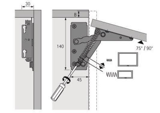 Hochklappbeschlag vernickelt Lift, 180 N 3,3 kg 90 ° 80-220 N