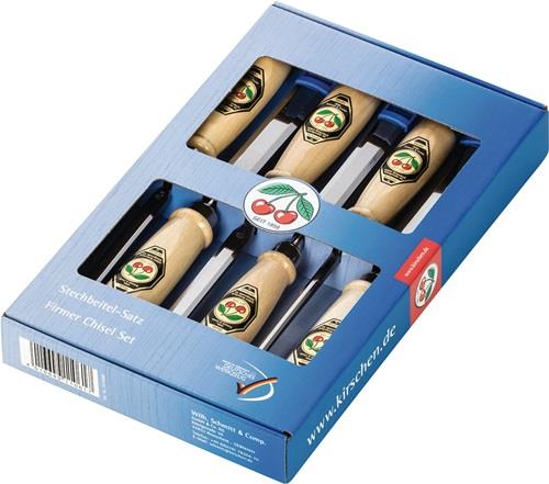 Stechbeitelsatz 6,10,12,16,20,26mm Weißbuchenh.Ulmer Form 6-tlg.Krt.KIRSCHEN