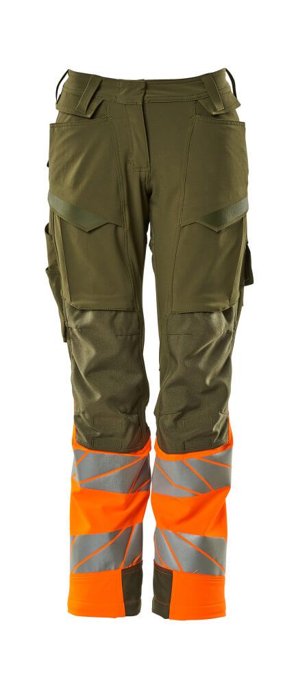 Damen-Passform DIAMOND Hose mit Knietaschen ACCELERATE SAFE Moosgrün/Hi-vis Orange 82C50