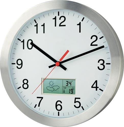 Wanduhr Funkuhr Alu.mattsilber 1,5V D.300mm Zahlen m.Thermo-/Hygrometer
