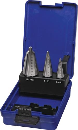 Blechschälbohrersatz 3-14/4-20/16-30,5mm HSS 3tlg.Ku.-Kass.PROMAT