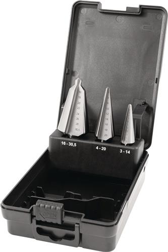 Blechschälbohrersatz 3-14/4-20/16-30,5mm HSS 3tlg.Ku.-Kass.TECWERK
